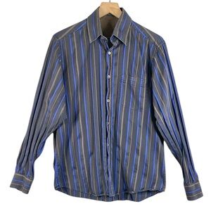 Men’s Bugatchi Uomo Cotton Dress Shirt Striped Blue Black Brown Size Large